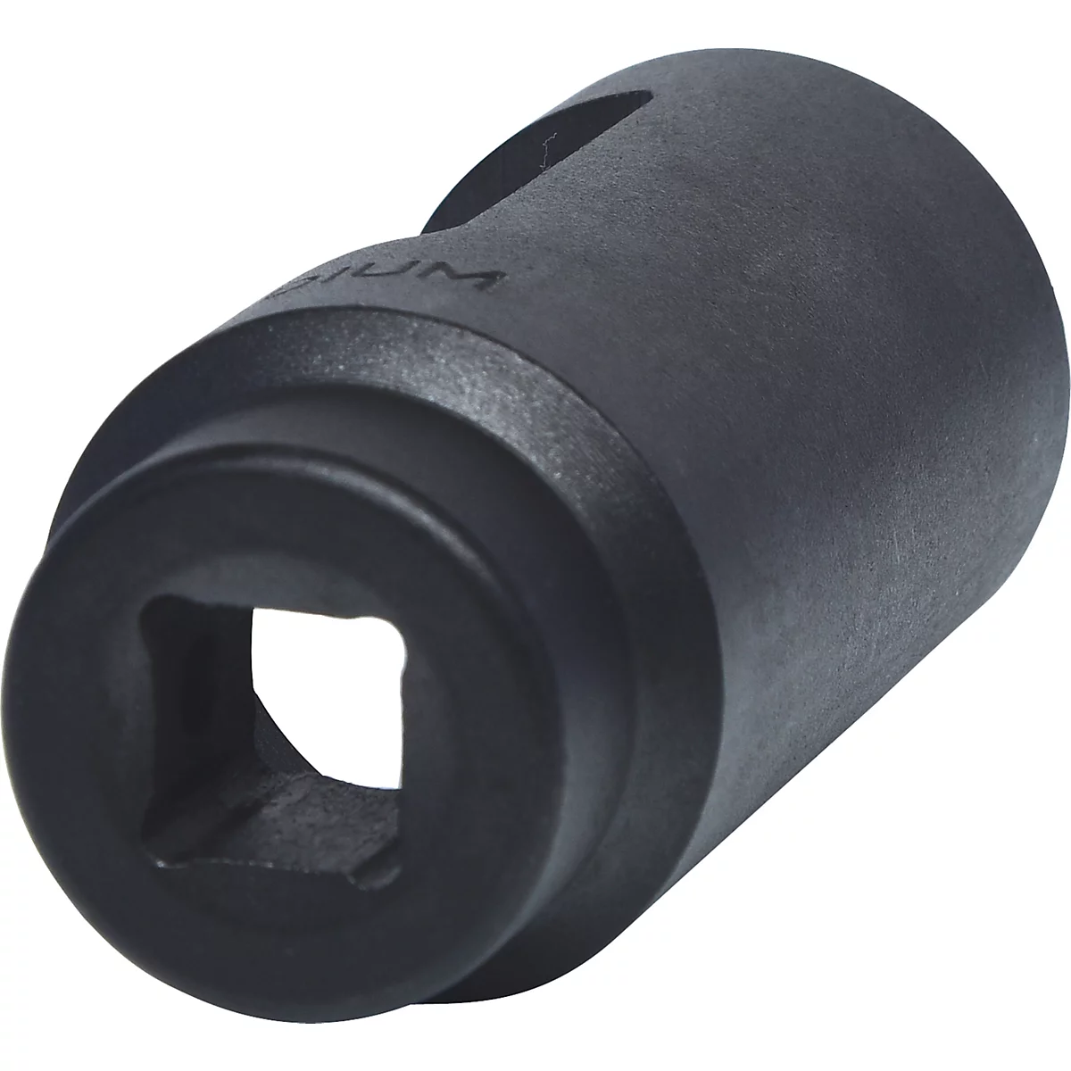 Schwarzer Steckschlüssel-Adapter, quadratische Öffnung, raue Oberfläche.